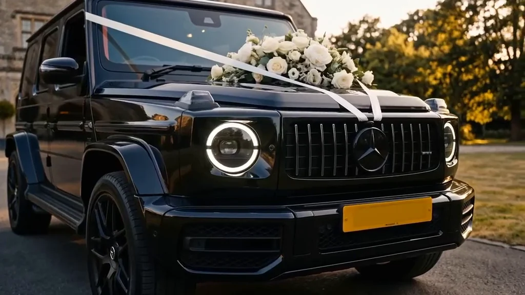מרצדס G63 שחורה מקושטת בזר ורדים לבנים וסרט סאטן, בשעת שקיעה מול בית אחוזה